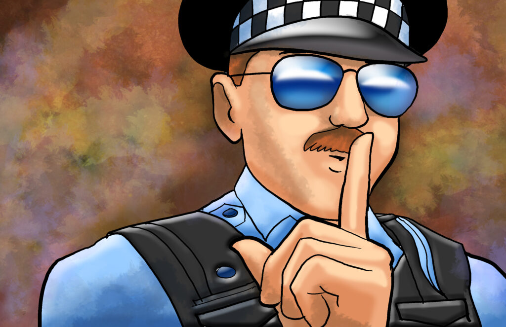 Artist drawing of Chicago police officer with mirrored sunglasses holding a finger to his lips