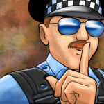 Artist drawing of Chicago police officer with mirrored sunglasses holding a finger to his lips