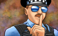 Artist drawing of Chicago police officer with mirrored sunglasses holding a finger to his lips