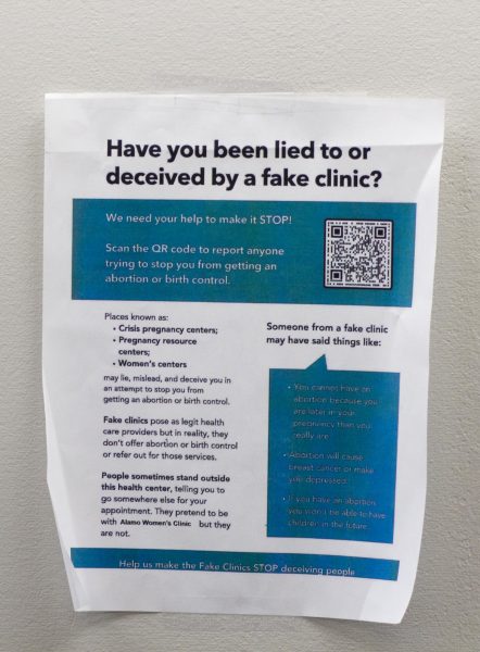 A flier informs patients about “fake clinics” at Alamo Women’s Clinic in Carbondale, Illinois. “We’re trying to tell our patients ahead of time that they’re gonna encounter protests and what to expect from them and give them as much warning as we can,” said Andrea Gallegos, executive administrator of Alamo Women’s Clinic.